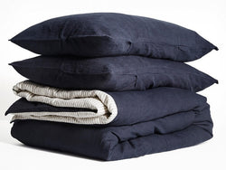 100% Pure French Linen Quilt Cover & Pillow Cases in Navy/Stripe