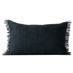 Fringed Vintage Style Linen Rectangular Cushion in Blue