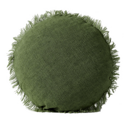 Fringed Vintage Style Linen Round Cushion in Olive